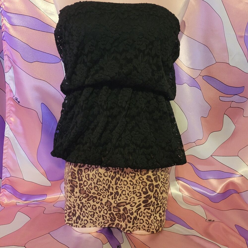Leopard Lace Tube Dress Size S Small Black Strapless Y2K Gyaru Jfashion Harajuku